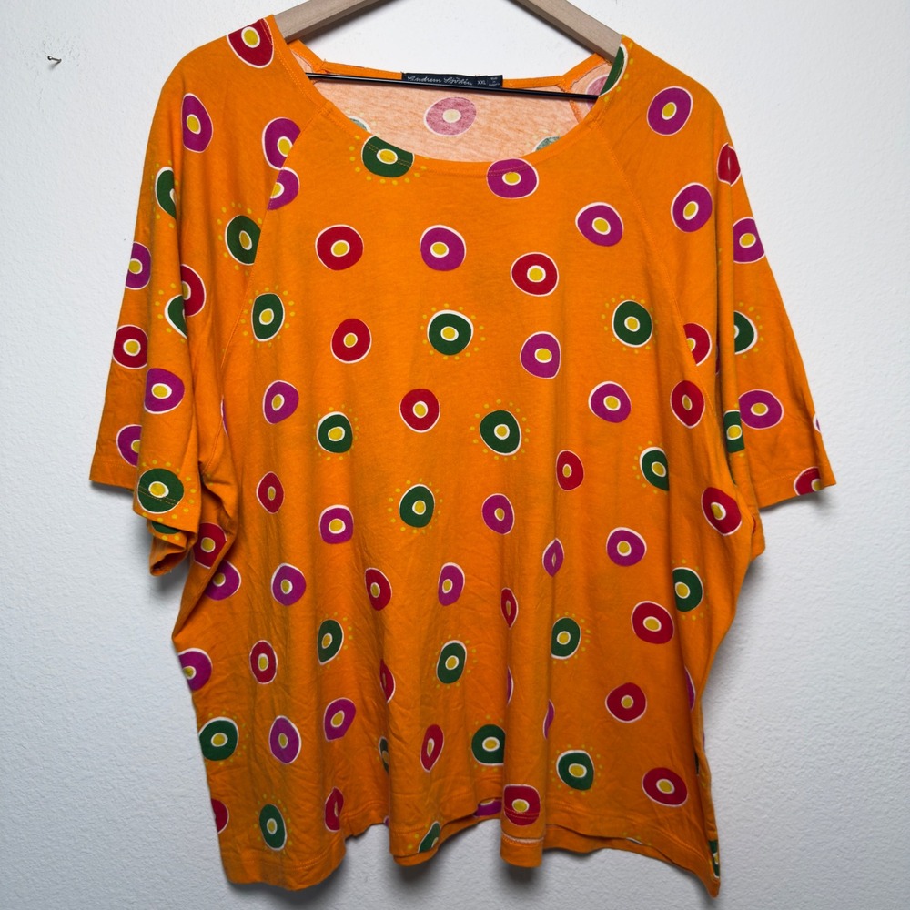 Gudrun Sjoden Women Cotton Top XXL Orange Circle Print Raglan Short Sleeve Tee